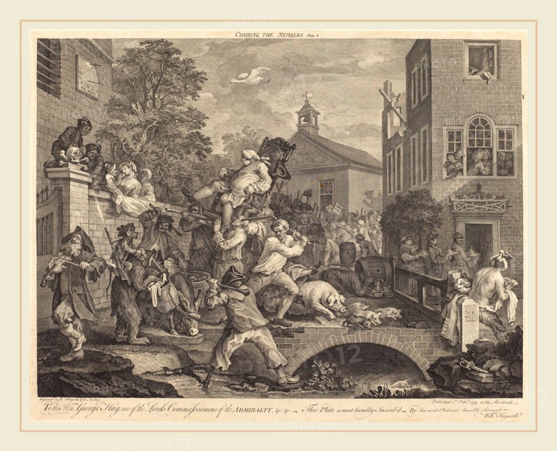 William Hogarth and Francois-Antoine Aveline, French (1727-1780), Chairing the Members, 1758, etching and engraving
