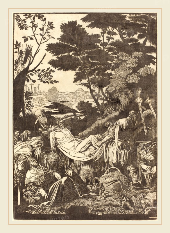 John Baptist Jackson after Jacopo Bassano,English, (1701-c. 1780), The Entombment [recto], 1739, chiaroscuro woodcut in black [trial proof of key block]
