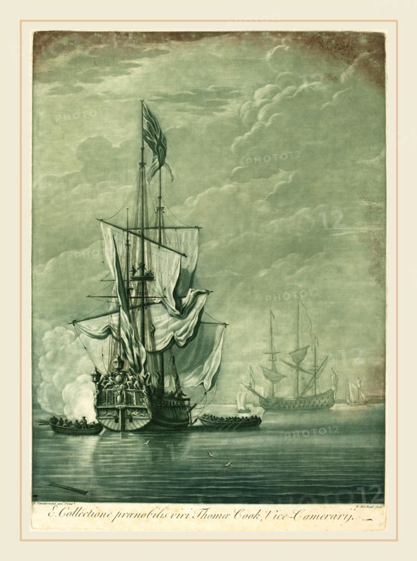 Elisha Kirkall after Willem van de Velde the Elder,English, (c. 1682-1742), Shipping Scene from the Collection of Thomas Cook, 1720s, mezzotint and etching printed in green and black on laid paper