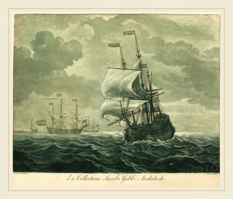 Elisha Kirkall after Willem van de Velde the Elder,English, (c. 1682-1742), Shipping Scene from the Collection of Jacob Gibbs, 1720s, mezzotint and etching printed in green and black on laid paper