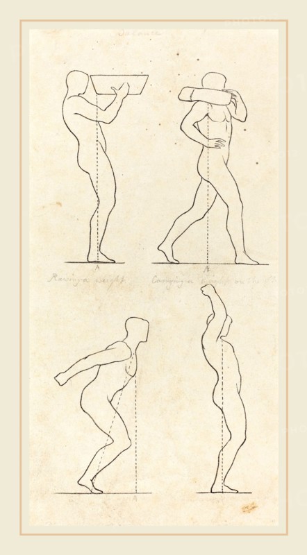 George Scharf after John Flaxman, German (1788-1860), Bearing a Weight; Preparing to Jump, and Alighting, published 1829, lithograph [proof before letters]
