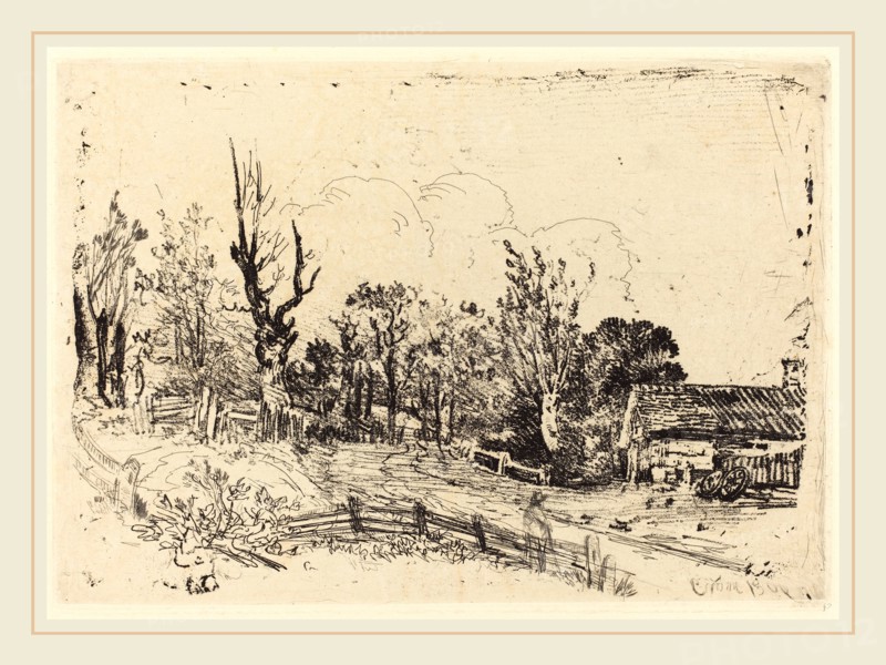 John Crome, British (1768-1821), Road with a Farmhouse on the Right, 1806, soft-ground etching and drypoint on chine applique
