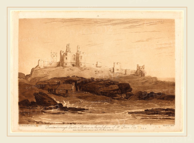Joseph Mallord William Turner and Charles Turner, British (1773-1857), Dunstanborough Castle, published 1808, etching, aquatint and mezzotint