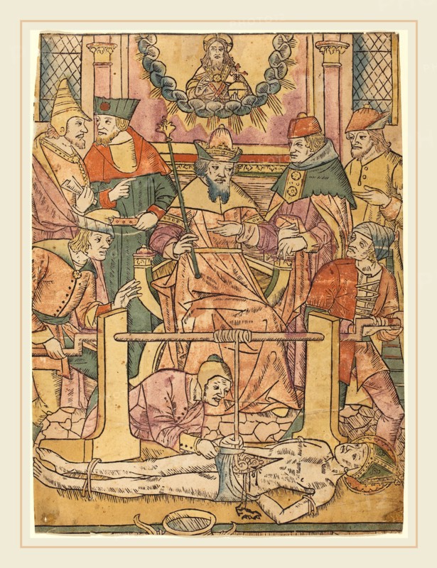 French 15th Century, The Martyrdom of Saint Erasmus, 1480-1490, woodcut, hand-colored in light purple, rose, gray-green, yellow, brown, and gray-blue