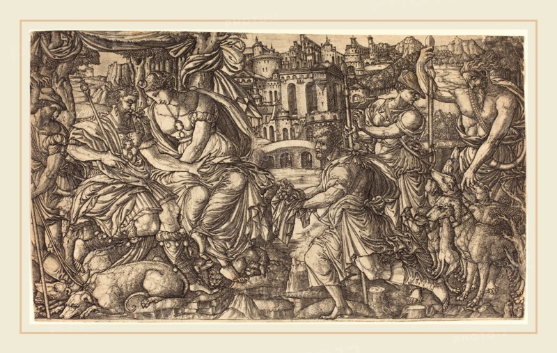 Jean Duvet, French (1485-c. 1570), A King and Diana Receiving Huntsmen, probably c. 1547-1555, engraving