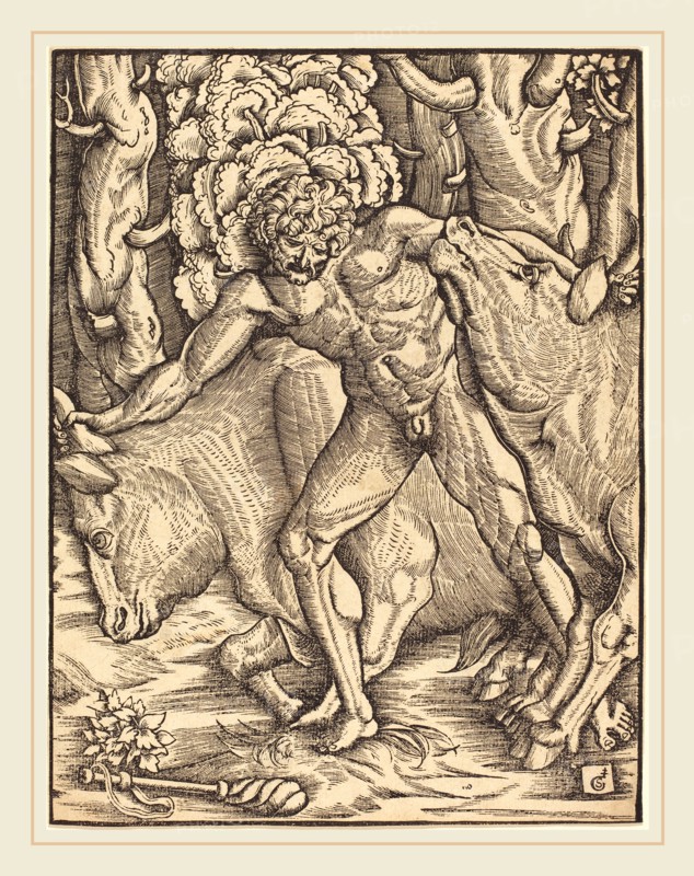 Gabriel Salmon, French (active 1504-1542), Hercules Carrying Off the Cattle of Geryon, woodcut