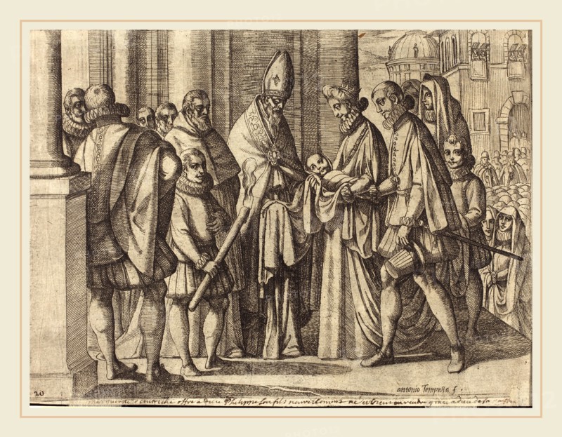 Antonio Tempesta, Italian (1555-1630), Philip as a Boy Before Margaret of Austria [verso], 1612, etching