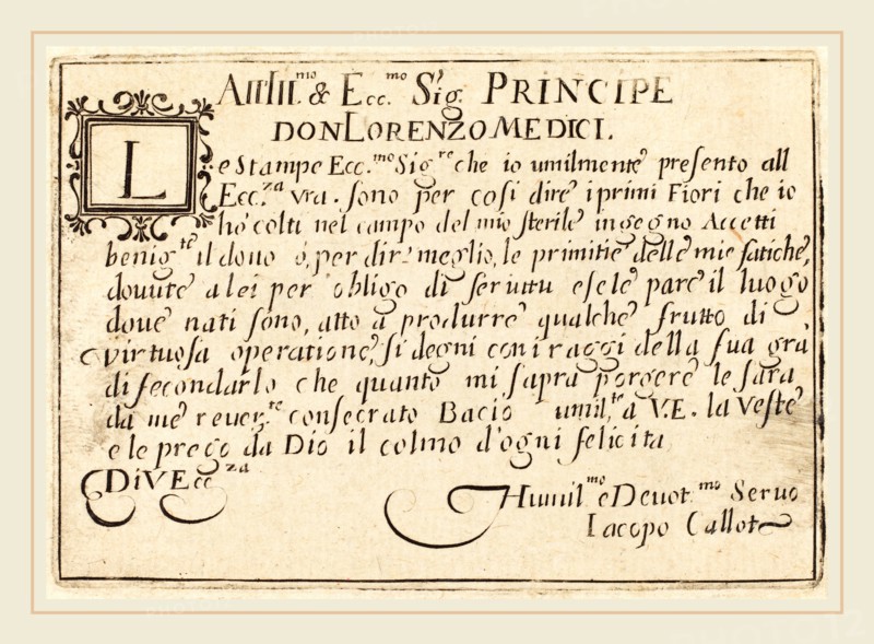Jacques Callot, French (1592-1635), Dedication to Don Lorenzo de' Medici, c. 1622, etching