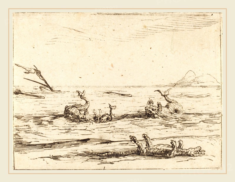 Jacques Callot, French (1592-1635), Dolphins and Crocodile, etching