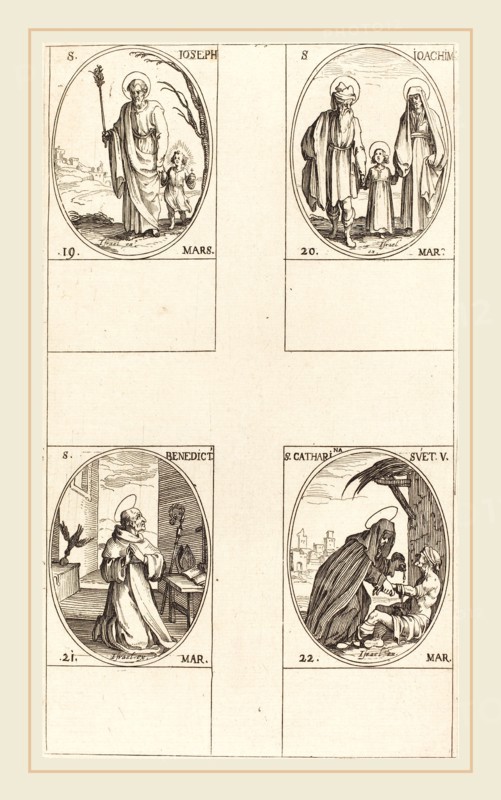 Jacques Callot, French (1592-1635), St. Joseph; St. Joachim;  St. Benedict, Abbot; St. Catharine of Sweden, etching