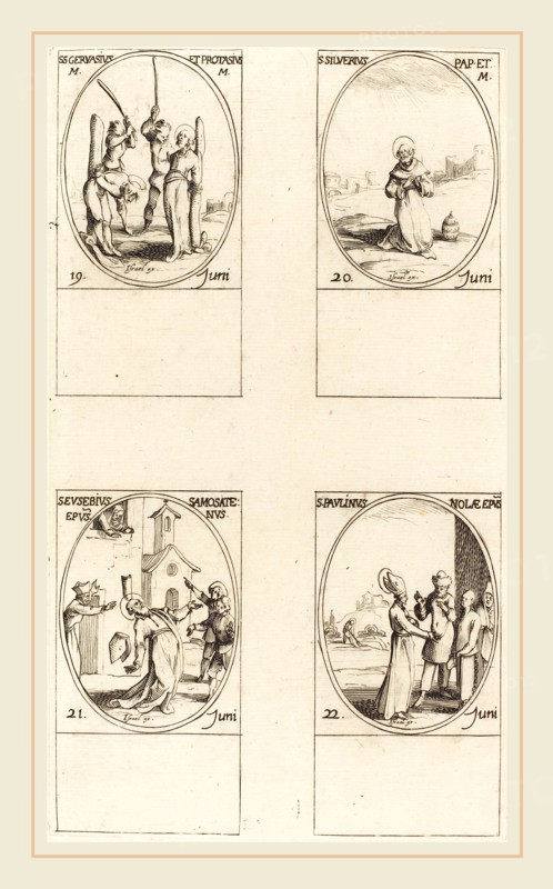 Jacques Callot, French (1592-1635), Sts. Gervase & Protase; St. Silverius; St. Eusebius of Samosata; St. Paulinus of Nola, etching