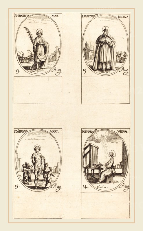 Jacques Callot, French (1592-1635), St. Hippolytus; St. Radegund, Queen; St. Cassian; St. Athanasia, etching
