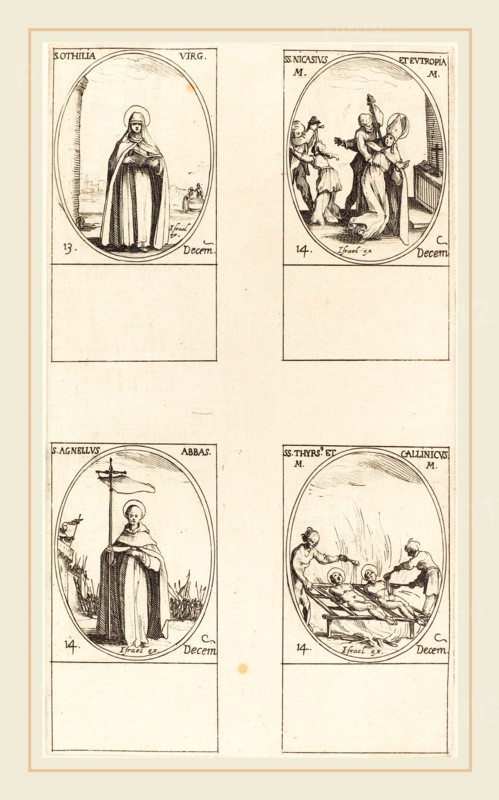 Jacques Callot, French (1592-1635), St. Othilia; Sts. Nicasius & Eutropia; St. Agnelus; Sts. Thyrs' & Callinicus, etching