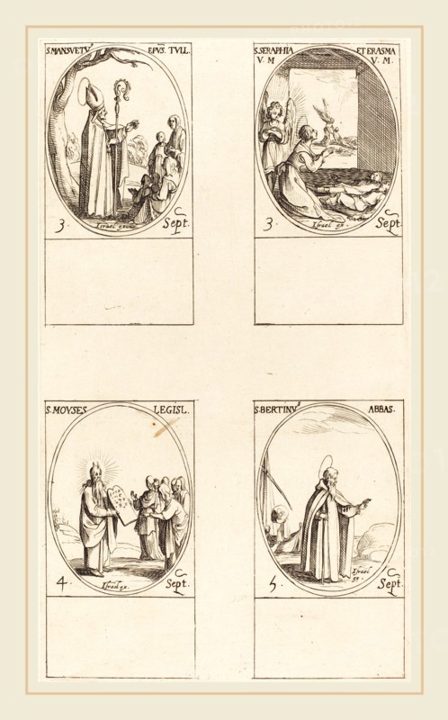 Jacques Callot, French (1592-1635), St. Mansuetus; Sts. Serapia and Erasma; Moses; St. Bertin, Abbot, etching