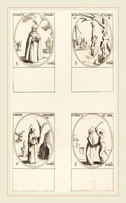 Jacques Callot, French (1592-1635), St. Theresa; St. Placidus and Flavia; St. Bruno; St. Faith, etching