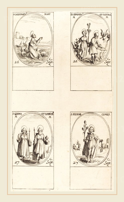 Jacques Callot, French (1592-1635), St. Calistratus; Sts. Cyprian and Justina; Sts. Comus and Damian; St. Elzear, Count, etching