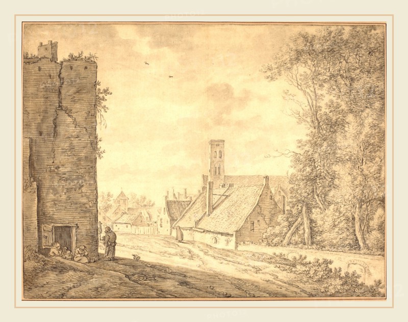 Herman Saftleven, Dutch (1609-1685), Village with Figures in an Extensive Landscape, c. 1648, black chalk with gray wash on laid paper