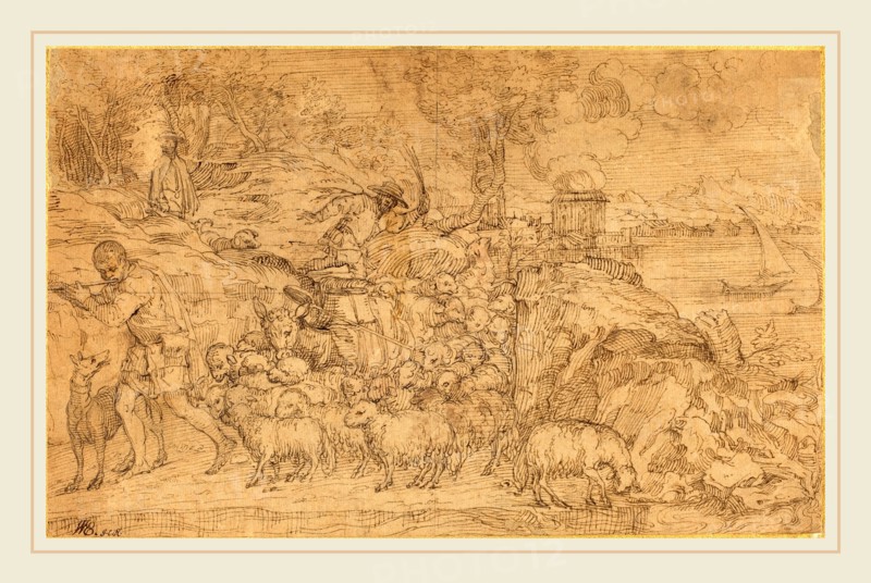 Domenico Campagnola, Italian (before 1500-1564), Shepherd Playing a Flute and Leading His Flock, pen and brown ink over black chalk on laid paper