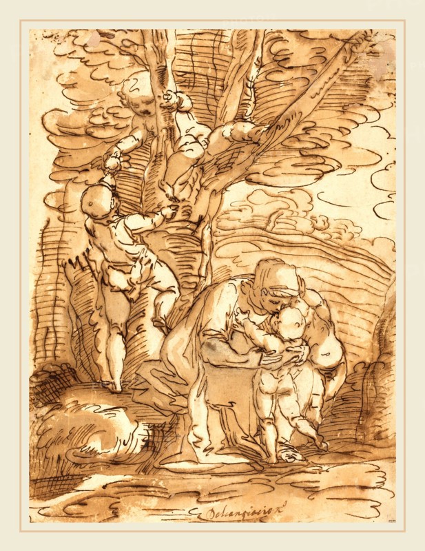 Luca Cambiaso, Italian (1527-1585), Charity, pen and brown ink with brown wash on laid paper