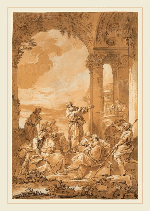 Giovanni Paolo Panini, Italian (1691-1765), Saint Paul Preaching in Athens, 1734, pen and black ink with gray wash, heightened with white gouache, on light orange prepared paper