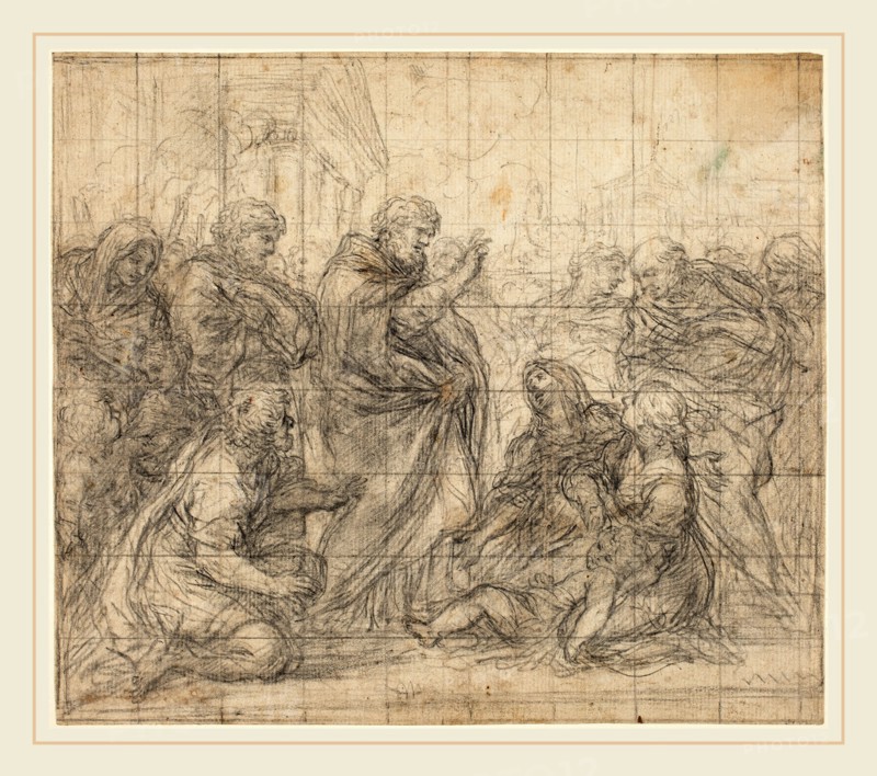 Ciro Ferri, Italian (1634-1689), Saint Zenobious Resuscitating a Child, black chalk on laid paper, squared for transfer in black chalk