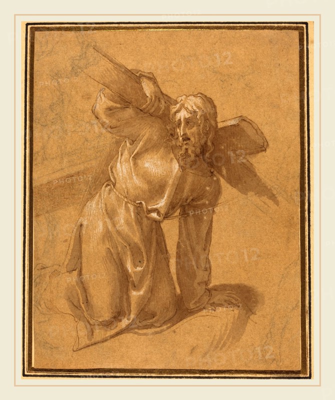 Francesco Salviati, Italian (1510-1563), Christ Falling under the Cross, pen and brown ink with brown wash, heightened with white gouache, over black chalk, on laid paper