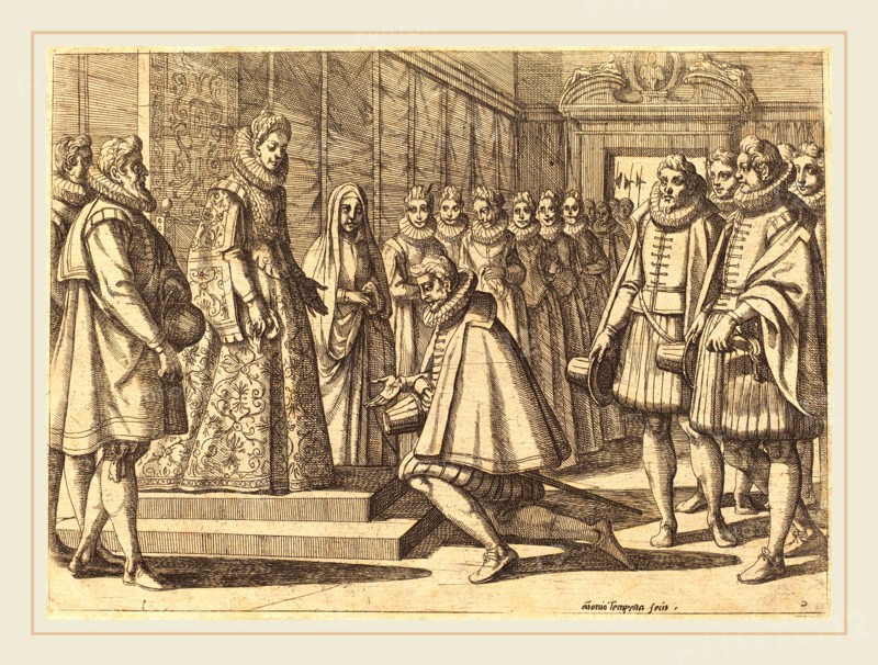 Antonio Tempesta, Italian (1555-1630), Philip of Spain before Margaret of Austria, 1612, etching