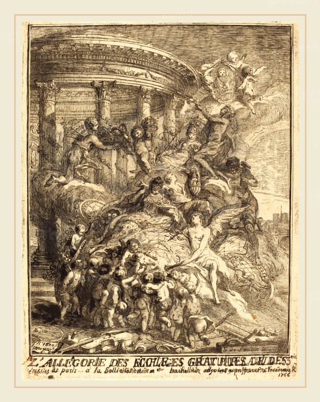 Gabriel Jacques de Saint-Aubin, French (1724-1780), Allegorie des mariages faits par la ville de Paris a la naissance du Duc de Bourgogne, 1751, etching, retouched with pencil and ink