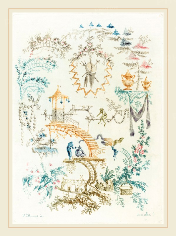 Anne Allen after Jean-Baptiste Pillement, French (active 1790s), Chinese Arabesque with a Monkey, early 1760s, color etching on laid paper, printed "Ã  la poupée"