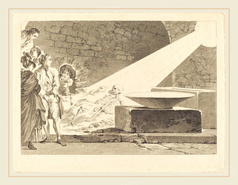 Claude-Mathieu Fessard after Jean-Honoré Fragonard, French (active 1765-1805), Fragonard and Bergeret with Their Wives Visiting a Tomb in Pompeii, 1781, etching on laid paper [proof]