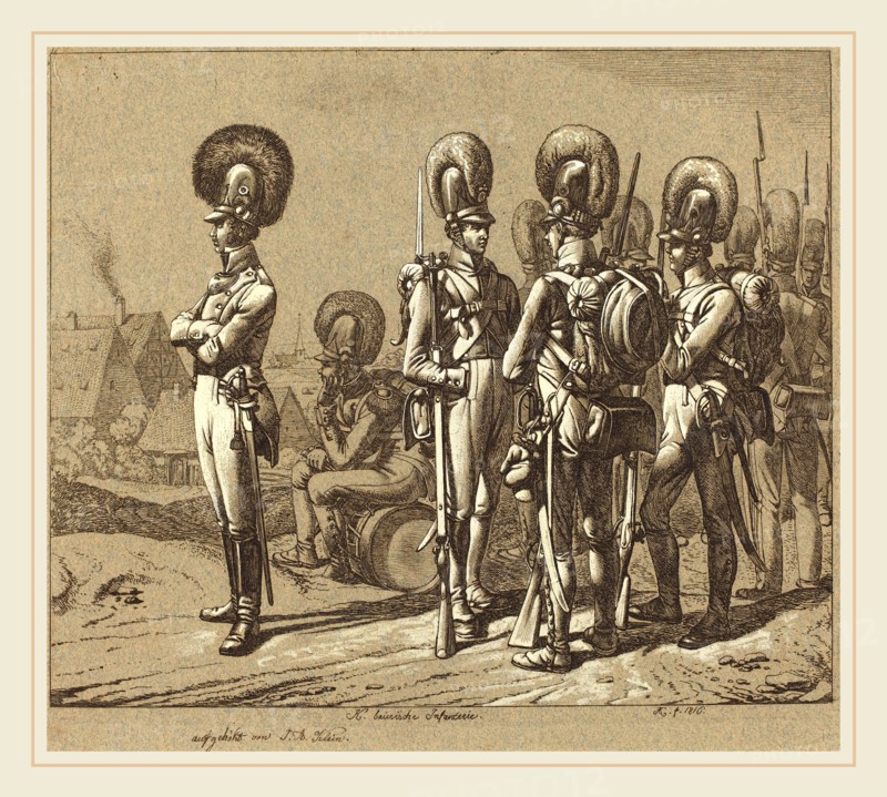 Johann Adam Klein, German (1792-1875), K. baierische Infanterie (Bavarian Infantrymen), 1816, etching heightened with white on grey-green paper