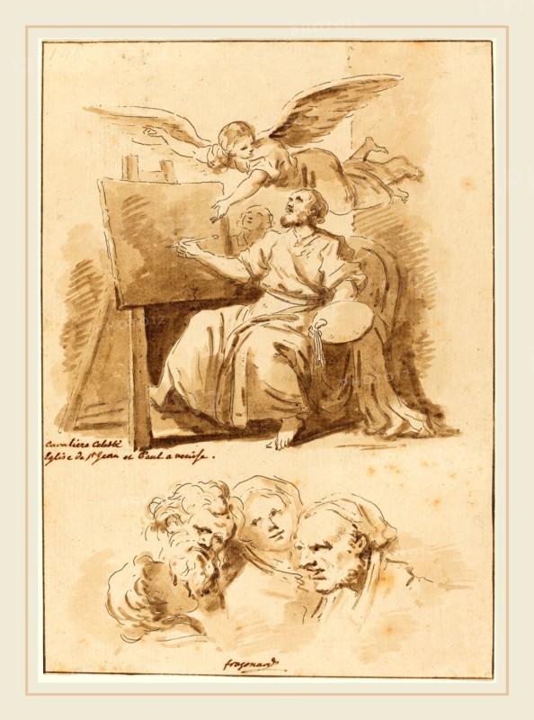 Jean Claude Richard de Saint-Non after Jean-Honoré Fragonard after Andrea Celesti, French (1727-1791), Saint Luke at His Easel and Four Expressive Heads, 1775, etching counterproof reworked in brown wash on laid paper