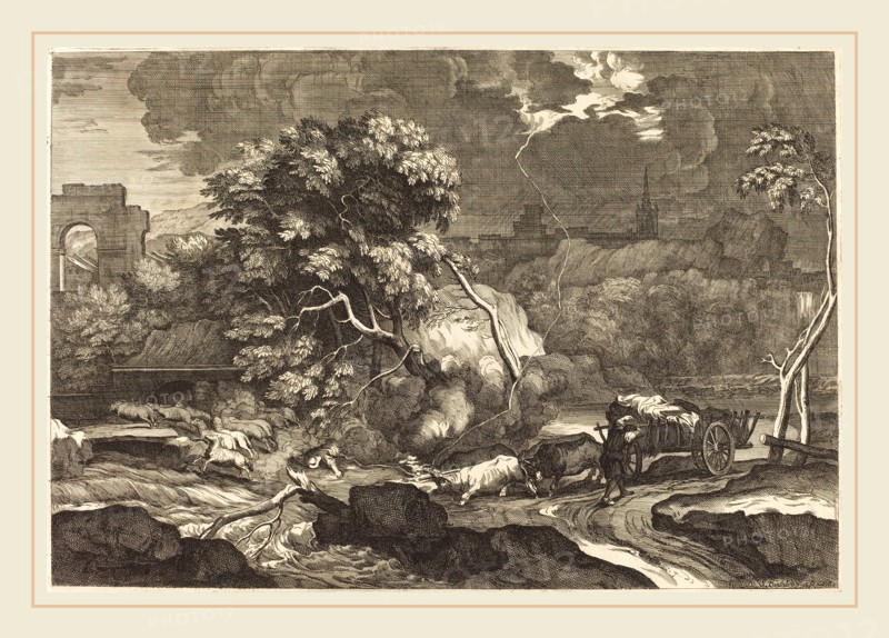 Sébastien Bourdon, French (1616-1671), Landscape with a Frightened Waggoner, engraving