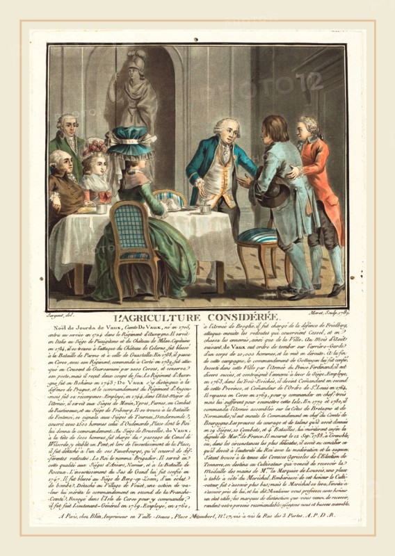 Jean-Baptiste Morret after Antoine-FranÃ§ois Sergent, French (active 1789-1820), L'agriculture consideree, le Comte de Veaux, 1789, etching and color aquatint