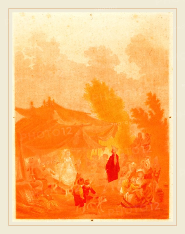Charles-Melchior Descourtis after Nicolas Antoine Taunay, French (1753-1820), Noce de Village (Village Wedding), 1785, wash manner, printed in ochre and red-pink inks
