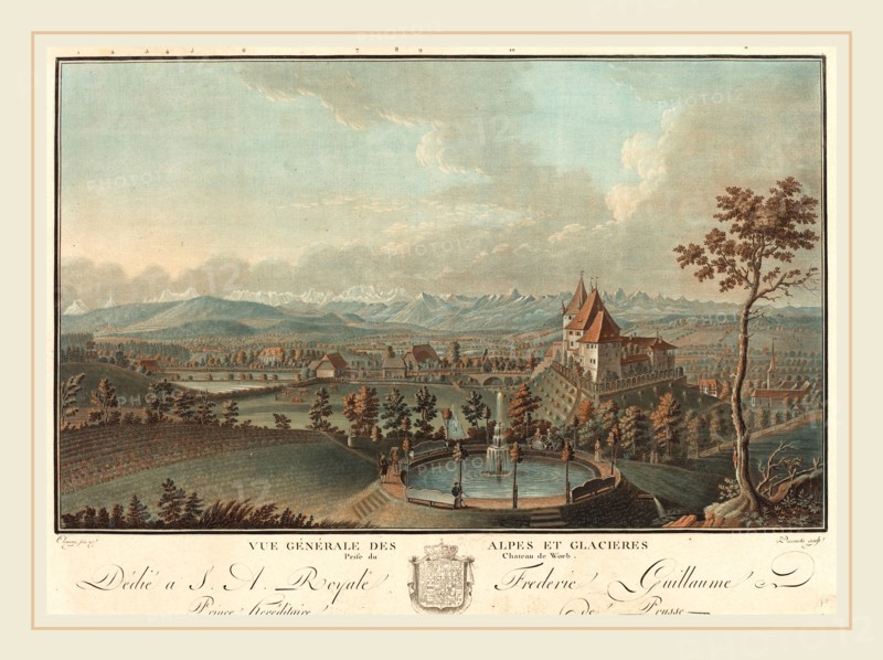 Charles-Melchior Descourtis, French (1753-1820), Vue generale des Alpes et Glaciers, etching and engraving printed in color