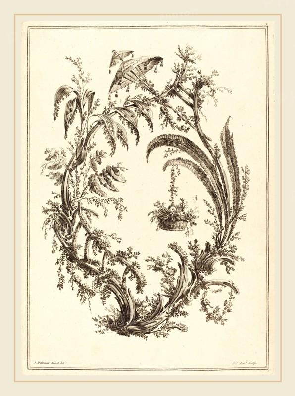 Jean-Jacques Avril I after Jean-Baptiste Pillement, French (1744-1831), Ornament with Parasol and Hanging Basket, etching and engraving