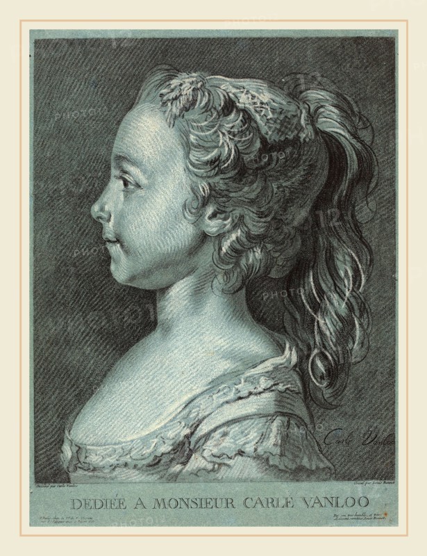 Louis-Marin Bonnet after Carle Van Loo, French (1736-1793), Marie-Rosalie Vanloo, c. 1764, chalk manner printed in black and white inks on blue paper