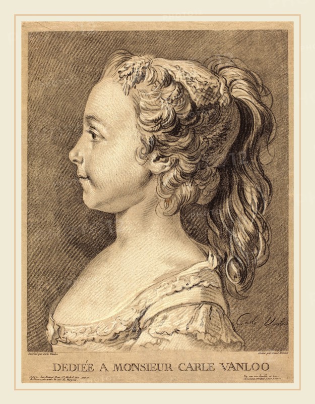 Louis-Marin Bonnet after Carle Van Loo, French (1736-1793), Marie-Rosalie Vanloo, c. 1764, chalk manner printed in black and white inks on gray-brown paper