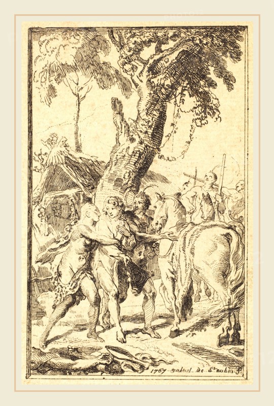 Gabriel Jacques de Saint-Aubin, French (1724-1780), Flight of M. de Belle-Isle, Prisoner with theAttakapas [right], 1767, etching