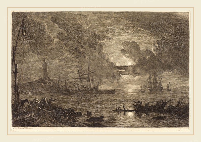 Adrien Manglard, French (1695-1760), Harbor by Moonlight, 1753, etching and engraving in black with scraping on laid paper