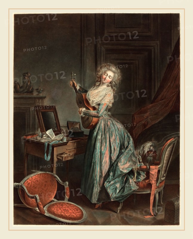 Jean-FranÃ§ois Janinet after Nicolas Lavreince, French (1752-1814), A Woman Playing the Guitar, 1788-1789, etching and wash manner, printed in blue, red, yellow, and black inks