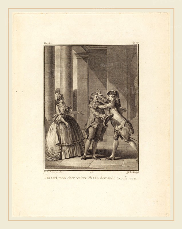 Jean Jacques Le Veau after Jean-Michel Moreau, French (1729-1785), J'ai tort, mon cher ValÃ¨re, et t'en demande excuse, 1782, etching and engraving
