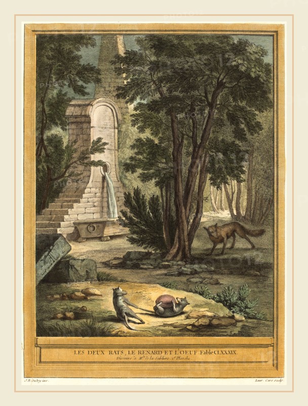 Laurent Cars after Jean-Baptiste Oudry, French (1699-1771), Les deux rats, le renard et l'oeuf (Two Rats,the Fox, and the Egg), published 1759, hand-colored etching