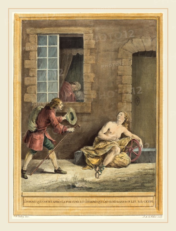 A.-J. de Fehrt after Jean-Baptiste Oudry, French (born 1723), L'homme qui court apres la fortune et l'hommequi l'attend dans son lit (The Man who  Courts Fortune and the Man Who Sleeps in Bed), published 1756, hand-colored etching