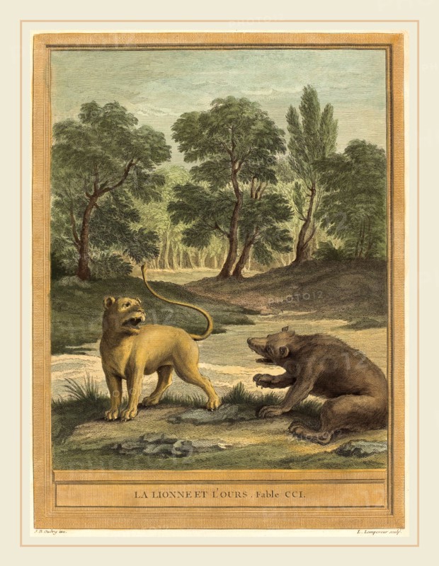 Louis-Simon Lempereur after Jean-Baptiste Oudry, French (1728-1807), La lionne et l'ours (The Lion and the Bear), published 1759, hand-colored etching