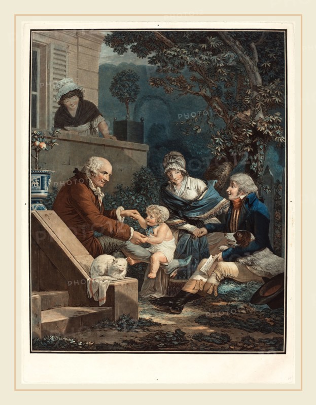 Philibert-Louis Debucourt, French (1755-1832), Les Plaisirs paternels (Paternal Pleasures), c. 1797, etching and wash manner, printed in orange-red, blue, yellow, and black inks