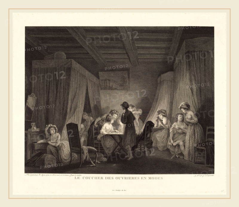 Francois-Nicolas-Barthelemy Dequevauviller after Nicolas Lavreince, French (1745-c. 1807), Le coucher des ouvrieres en modes, 1788, etching and engraving