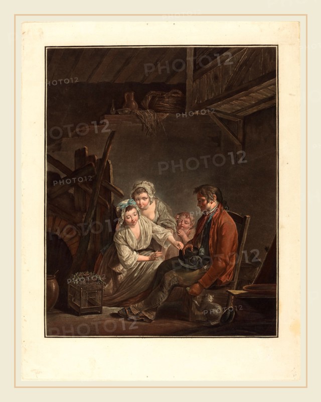 Jean-FranÃ§ois Janinet after Jean Jacques Lagrenee, French (1752-1814), L'oisseau prive, color aquatint and etching