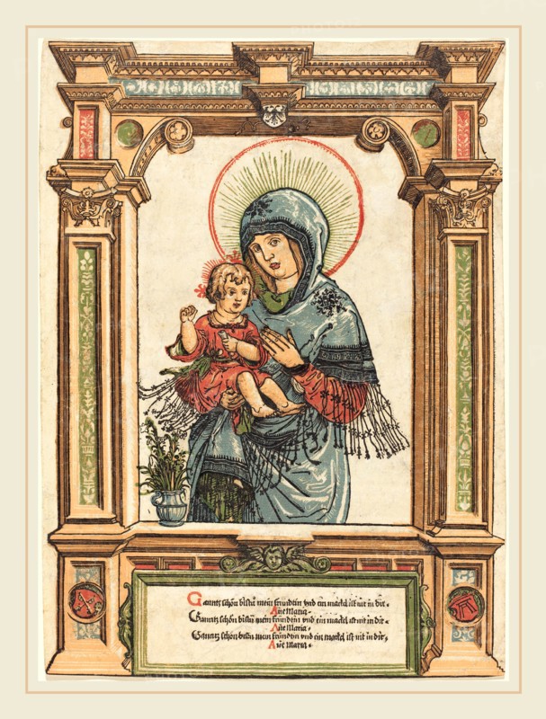 Albrecht Altdorfer, German (1480 or before-1538), The Beautiful Virgin of Regensburg, c. 1519-1520, woodcut printed from six blocks in red, green, blue, light orange, brown, and black